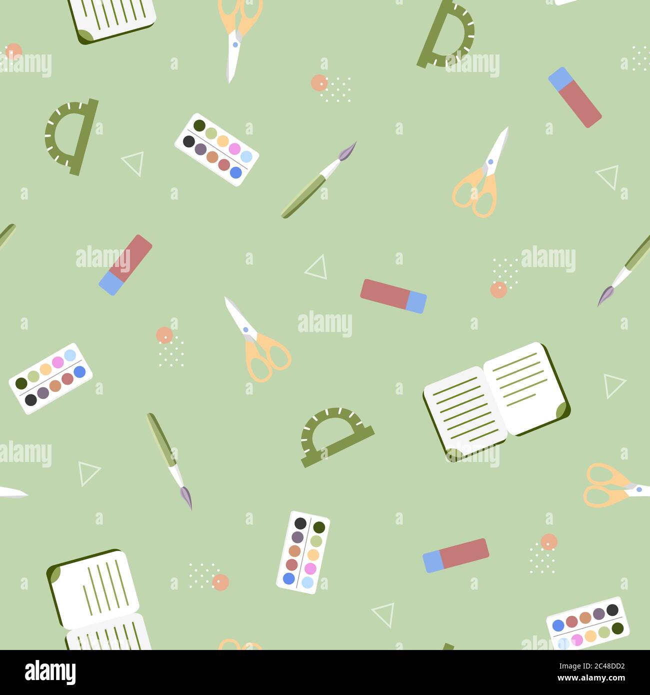 Seamless pattern with various school supplies on a green background ...