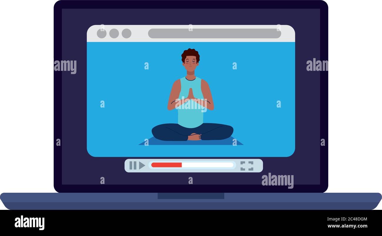 online, yoga concept, man afro practices yoga and meditation, watching ...