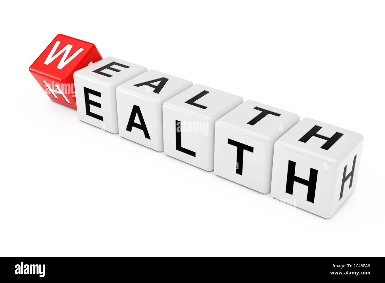 Cube Blocks with the Transition from Health to Wealth Word on a white background. 3d Rendering Stock Photo