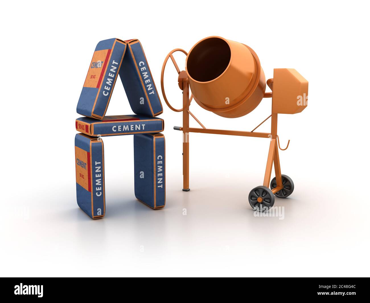 3D rendering illustration of a concrete mixer and cement boxes isolated
