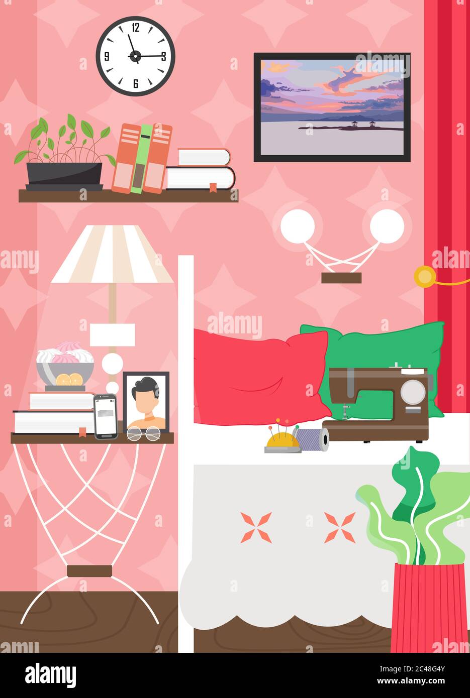 Adult female living room interior, vector flat illustration Stock ...