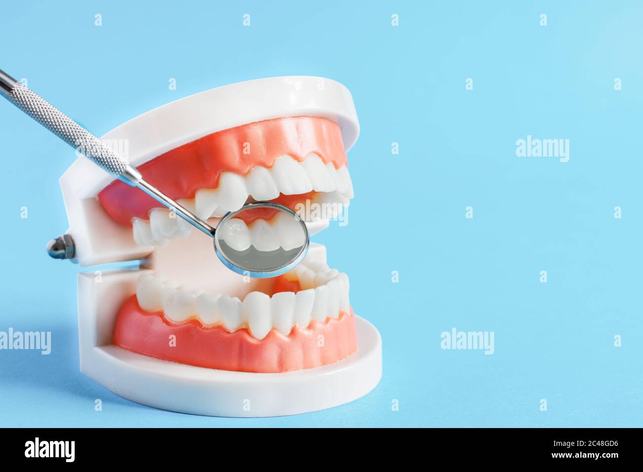 Teeth model and dental mirror on blue background close-up. Dental care ...
