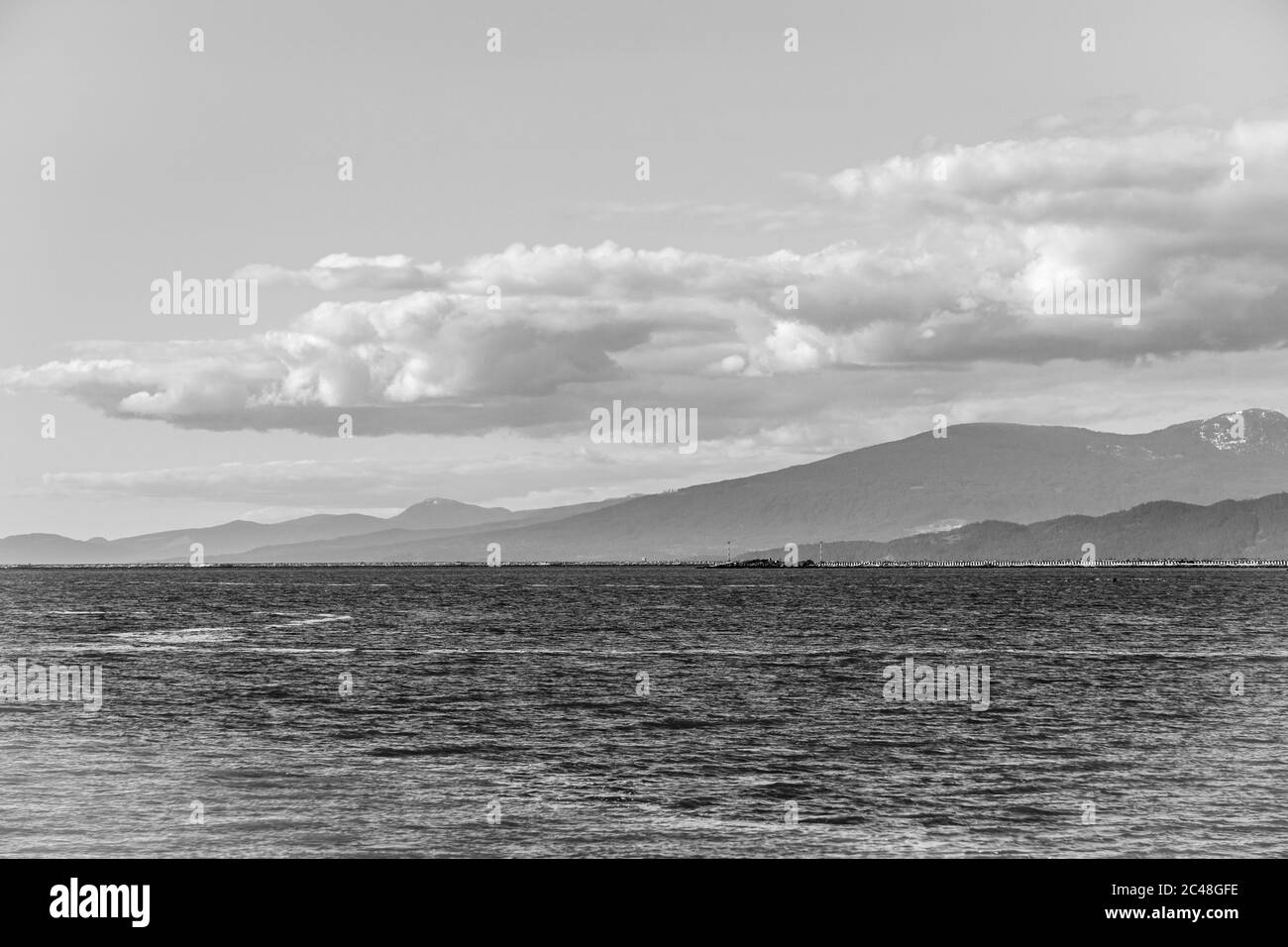 black and white beautiful view of Canadian seascape at the Fraser river. Stock Photo