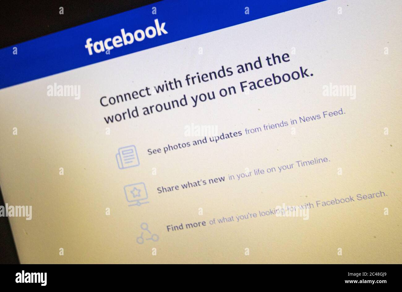 Facebook's homepage is shown in San Diego, California on Wednesday, June  24, 2020. Numerous companies have ceased advertising on Facebook through  the end of July 2020. Companies include; outdoor retailers such as  Patagonia, North Face, REI ...