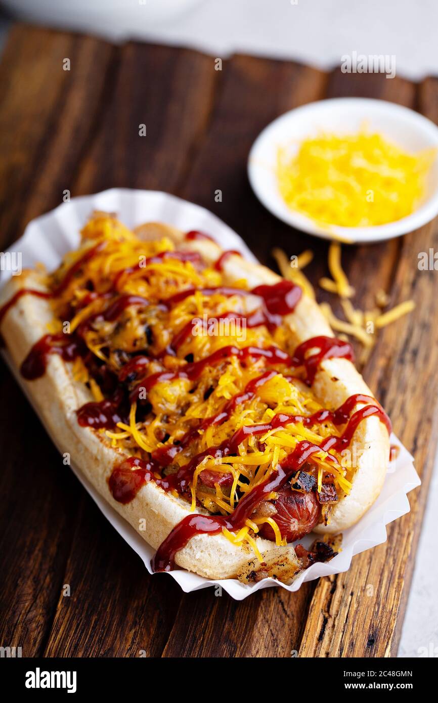 Grilled beef hot dog with bacon and cheese Stock Photo Alamy