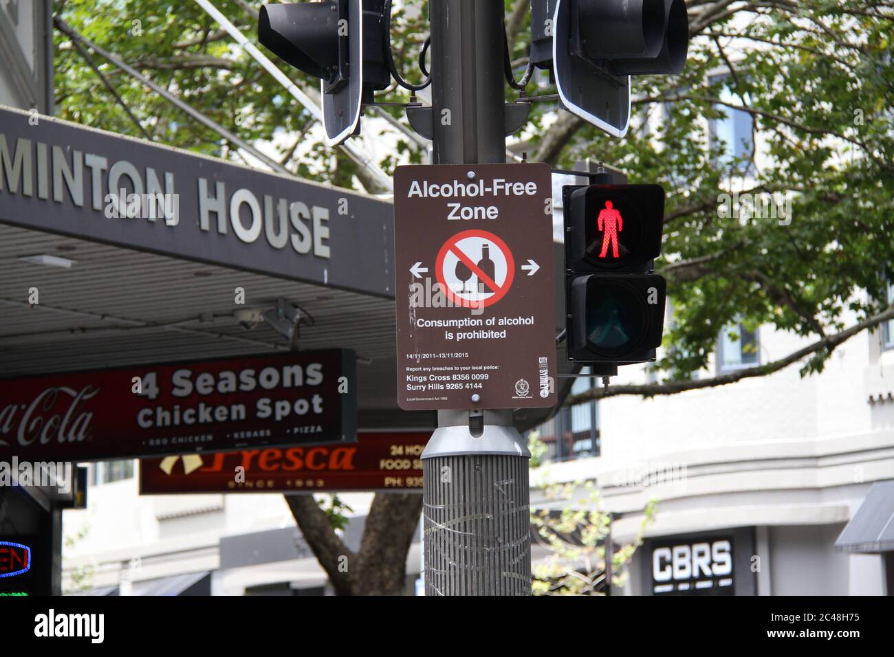 An alcohol free zone is marked along Darlinghurst Road in Kings Cross, Sydney. Stock Photo