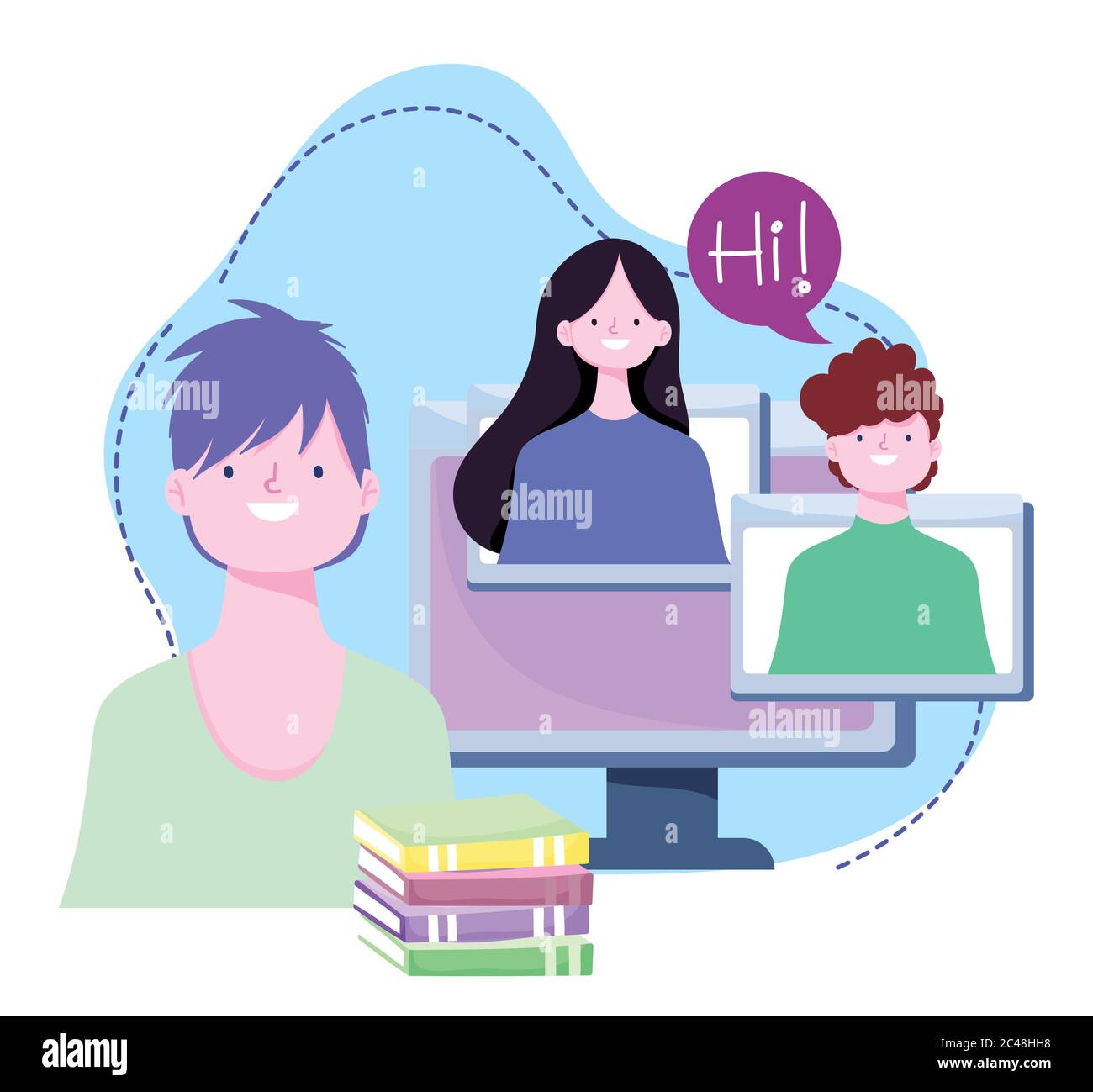 online training, students computer and books homework, courses ...