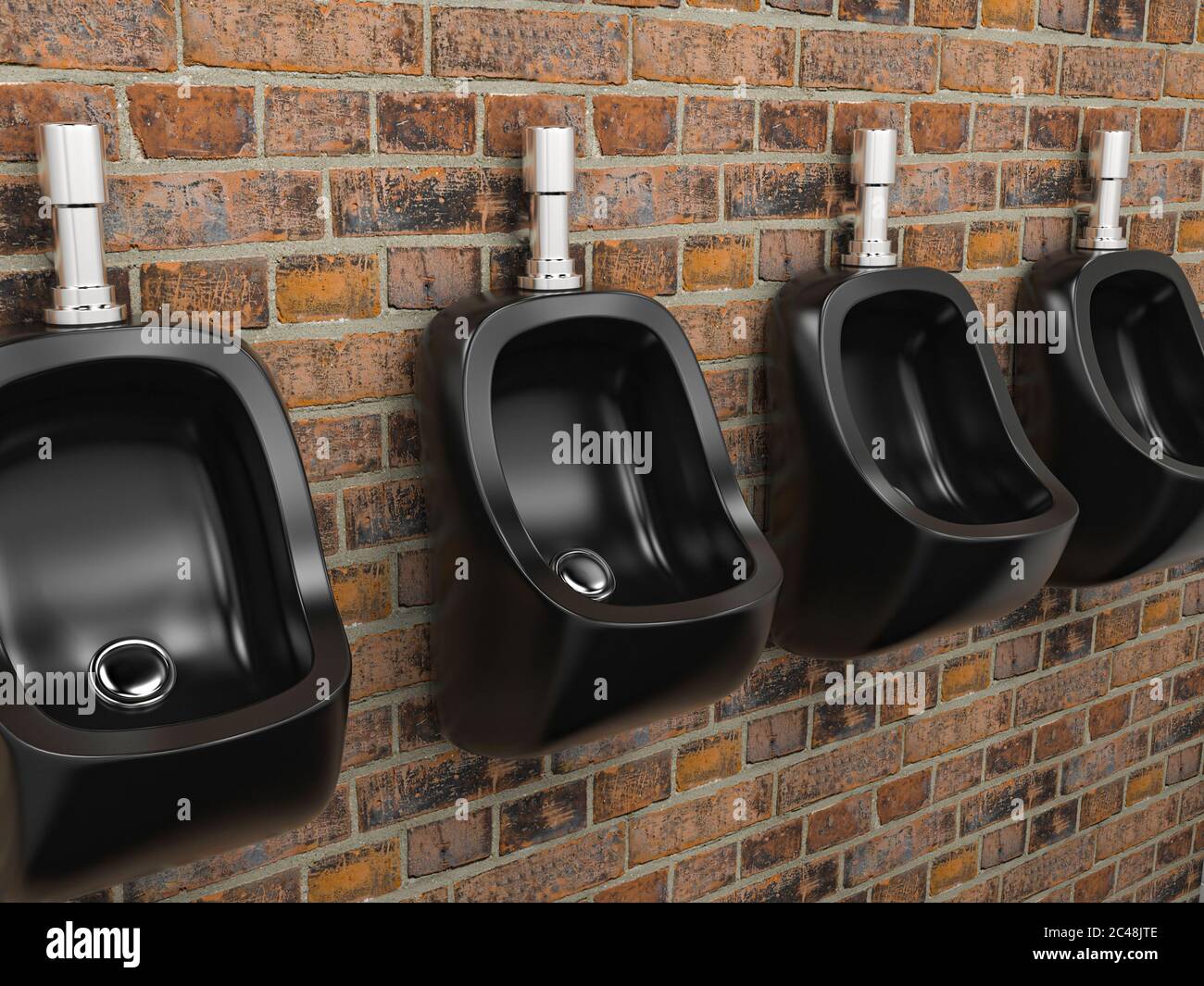 Black ceramic urinals. On old red bricks wall. Public toilet. 3d rendering illustration Stock