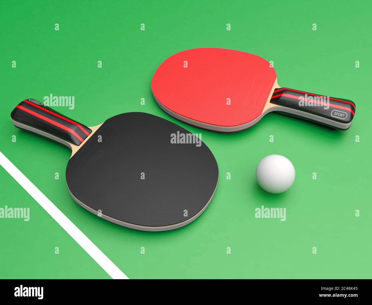 Red and black table tennis rackets with ball. On green background Stock