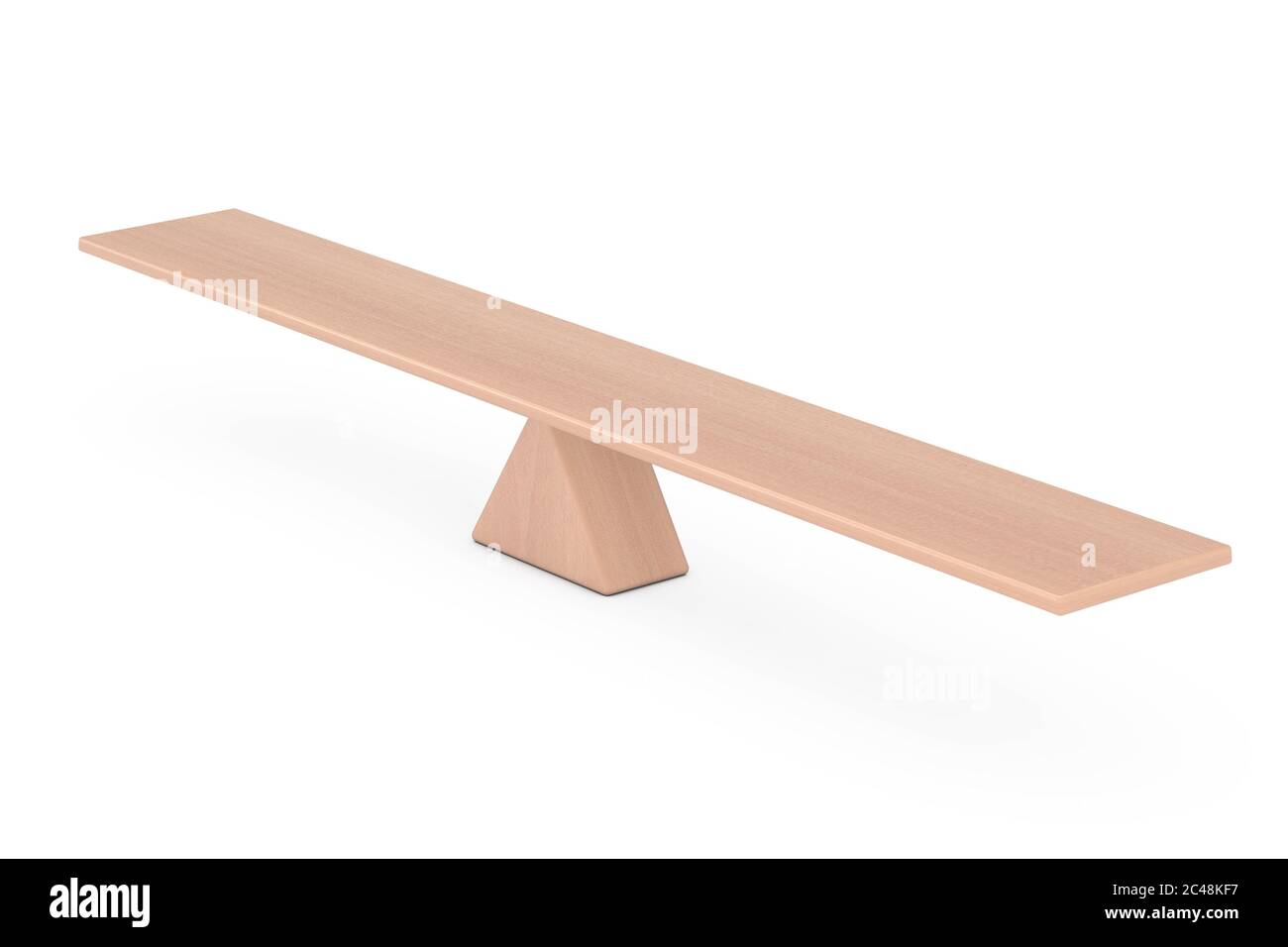 Balance Concept. Wooden Board Plank Balancing on a Wooden Triangle as Scale on a white background. 3d Rendering Stock Photo