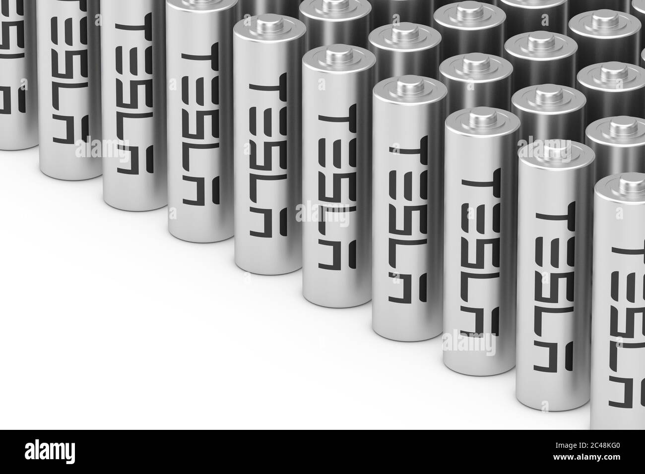 KIEV, UKRAINE - May, 17: Rows of Cylindrical Lithium-Ion Battery with Tesla  Logo for Tesla Cars Cells Pack Accumulator on a white background. 3d Rende  Stock Photo - Alamy