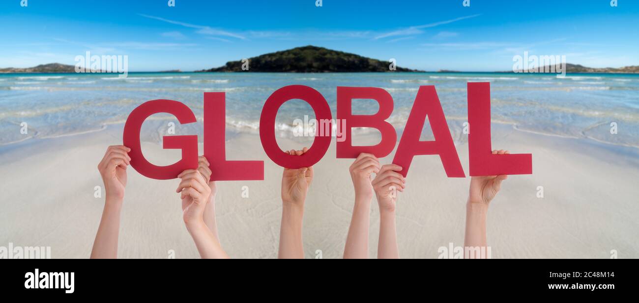 People Hands Holding Word Global, Ocean Background Stock Photo