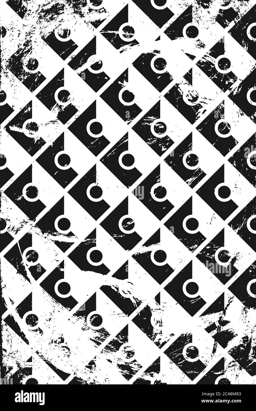 Grunge abstract isometric pattern with circle. Vertical black and white ...