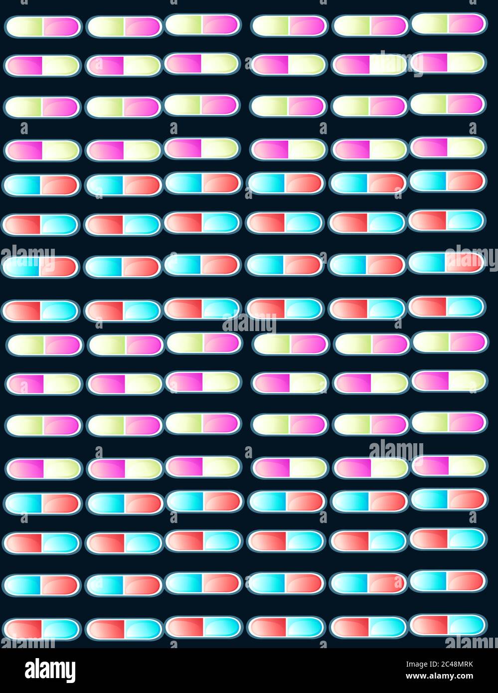 Pattern with blue red yellow purple pills group flat vector illustration on dark background Stock Vector