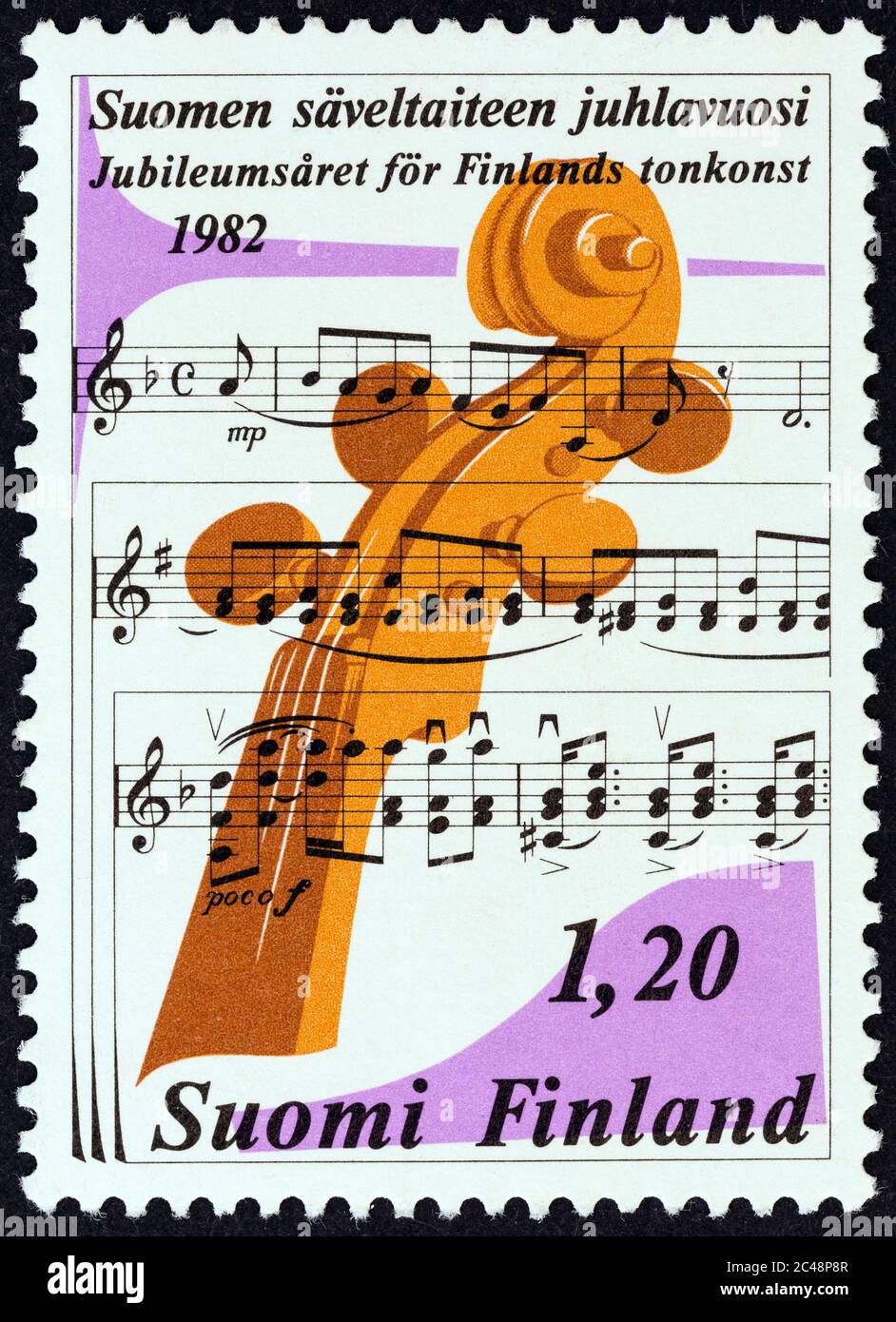 FINLAND - CIRCA 1982: A stamp printed in Finland shows Musical notation and Peghead of a stringed instrument, circa 1982. Stock Photo