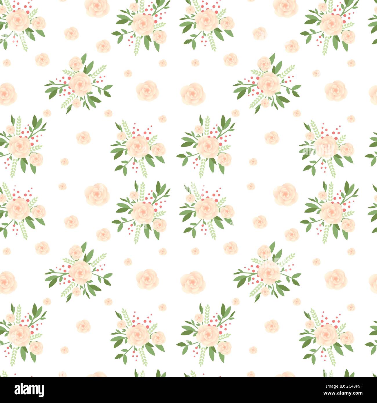 Seamless pattern beautiful beige flower with green leaves and red ...