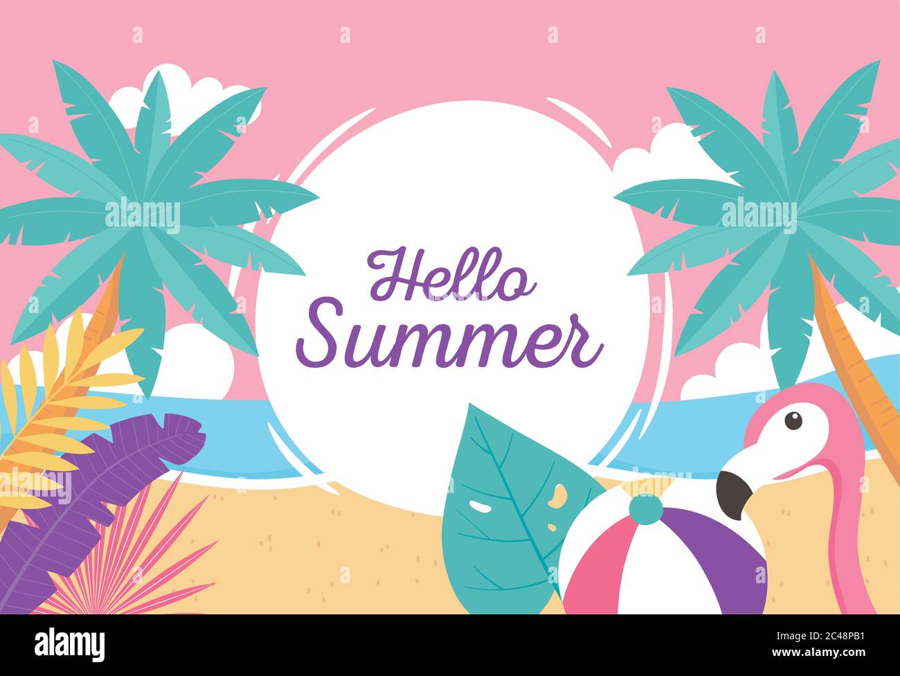 flamingo bird beach ball with exotic tropical leaves, hello summer ...
