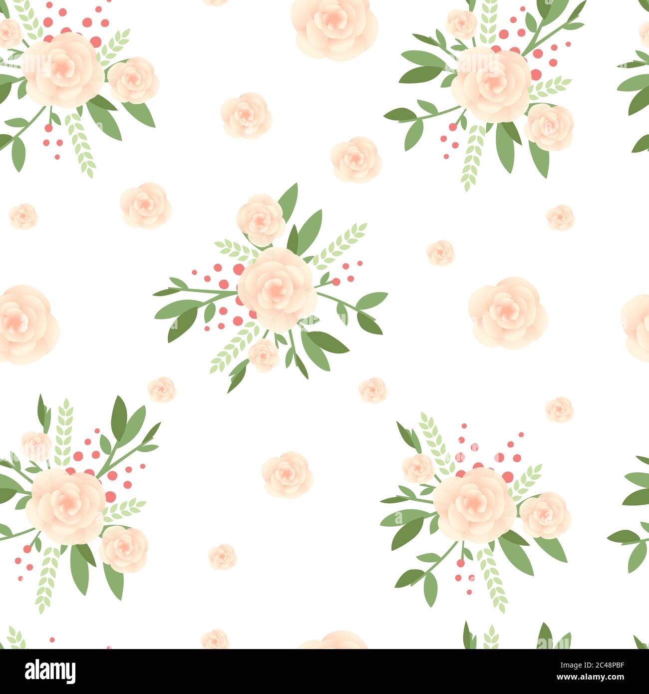 Seamless pattern beautiful beige flower with green leaves and red ...