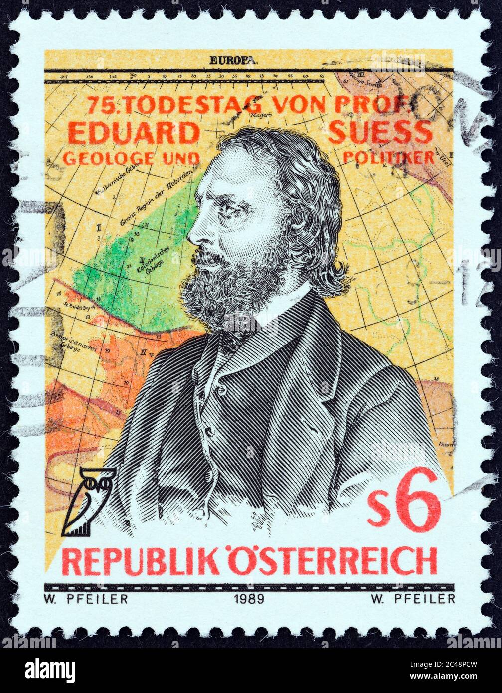 AUSTRIA - CIRCA 1989: A stamp printed in Austria shows geologist and politician Eduard Suess after Josef Kriehuber and Map, circa 1989. Stock Photo