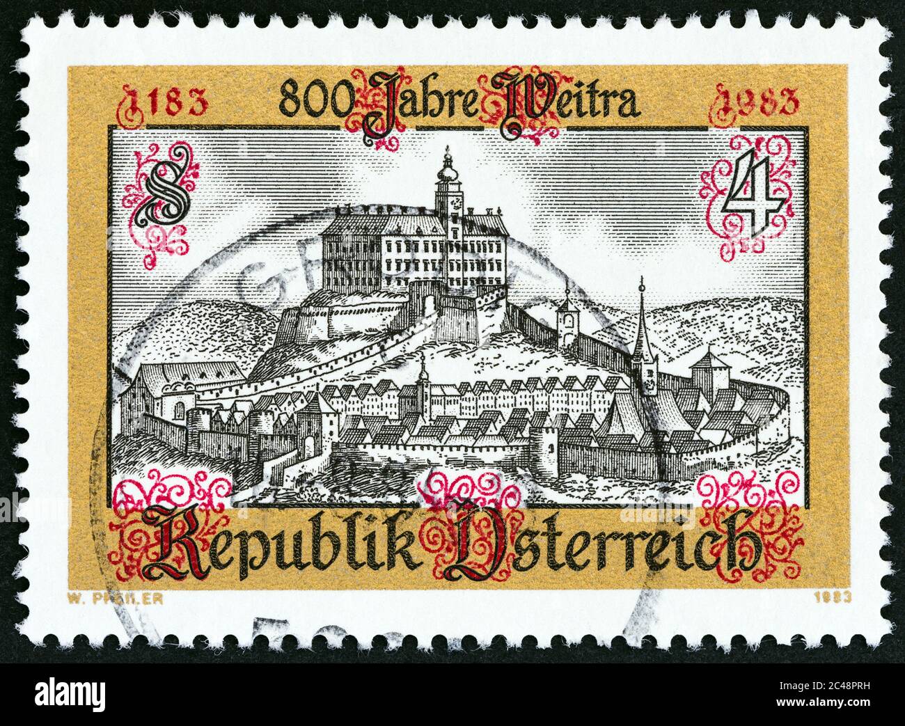 AUSTRIA - CIRCA 1983: A stamp printed in Austria issued for the 800th anniversary of Weitra shows Weitra, circa 1983. Stock Photo