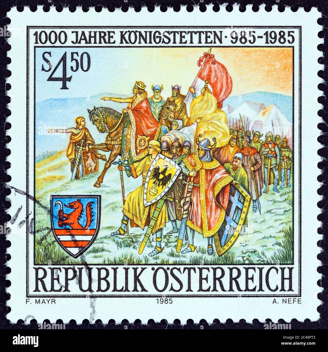 AUSTRIA - CIRCA 1985: A stamp printed in Austria shows legendary founding of Koningstetten by Charlemagne, circa 1985. Stock Photo