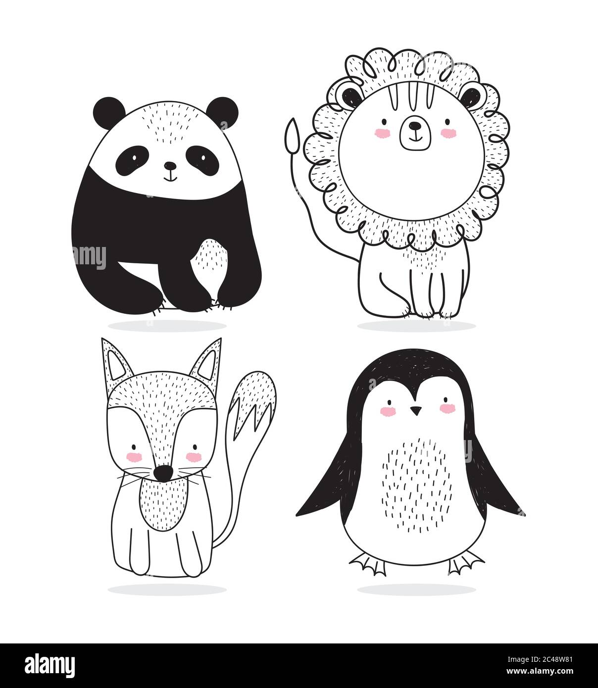 cute animals sketch wildlife cartoon adorable panda lion fox and ...