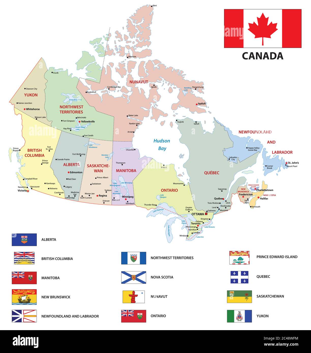canada administrative and political vector map with flags Stock Vector