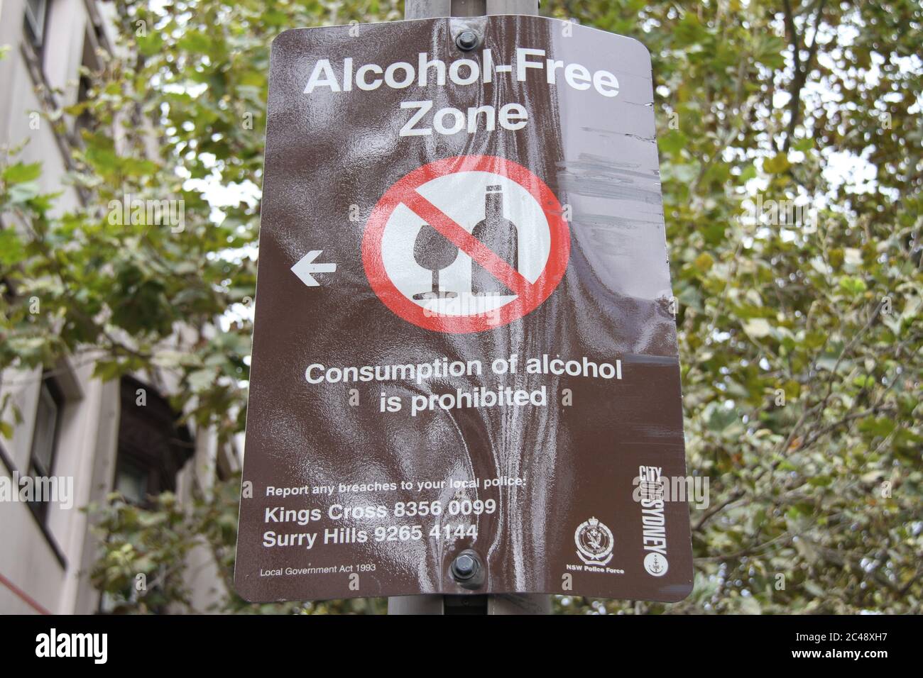 An alcohol free zone is marked along Darlinghurst Road in Kings Cross, Sydney. Stock Photo