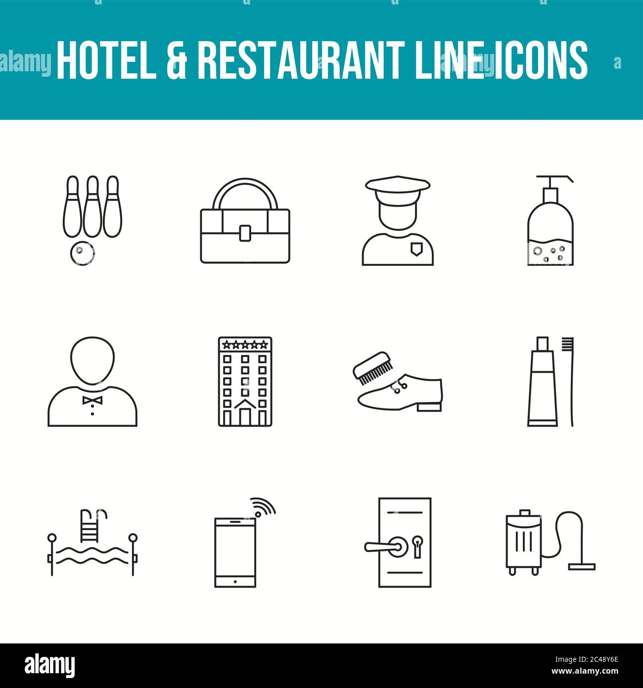 Beautiful Hotel & Restaurant 12 Vector Icons Stock Vector