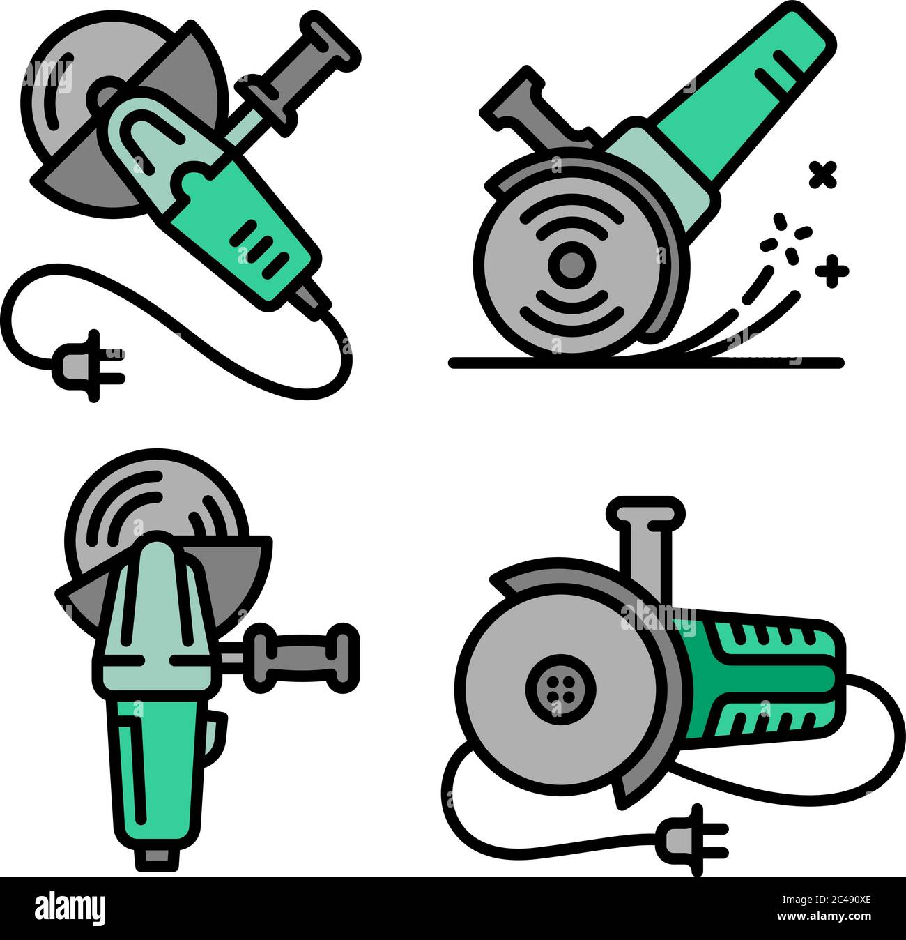 Angle grinder icons set. Outline set of angle grinder vector icons for web design isolated on white background Stock Vector