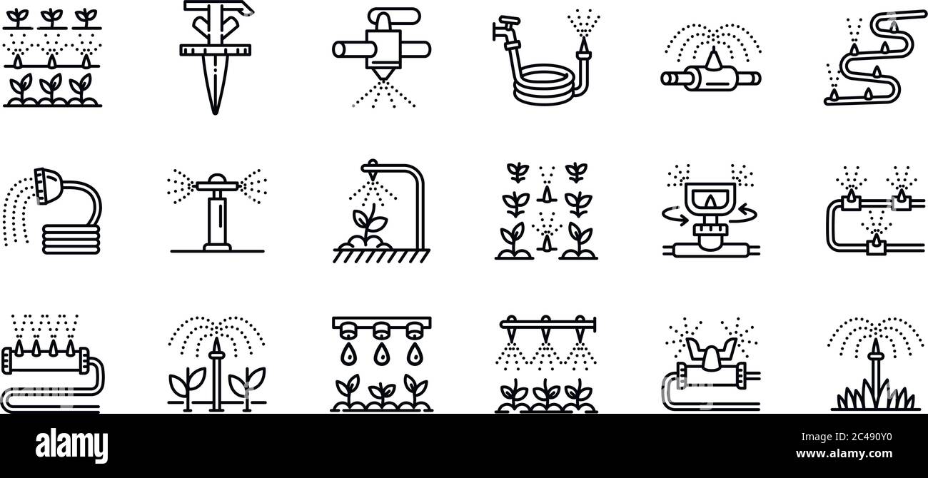 Irrigation system icons set. Outline set of irrigation system vector icons for web design isolated on white background Stock Vector