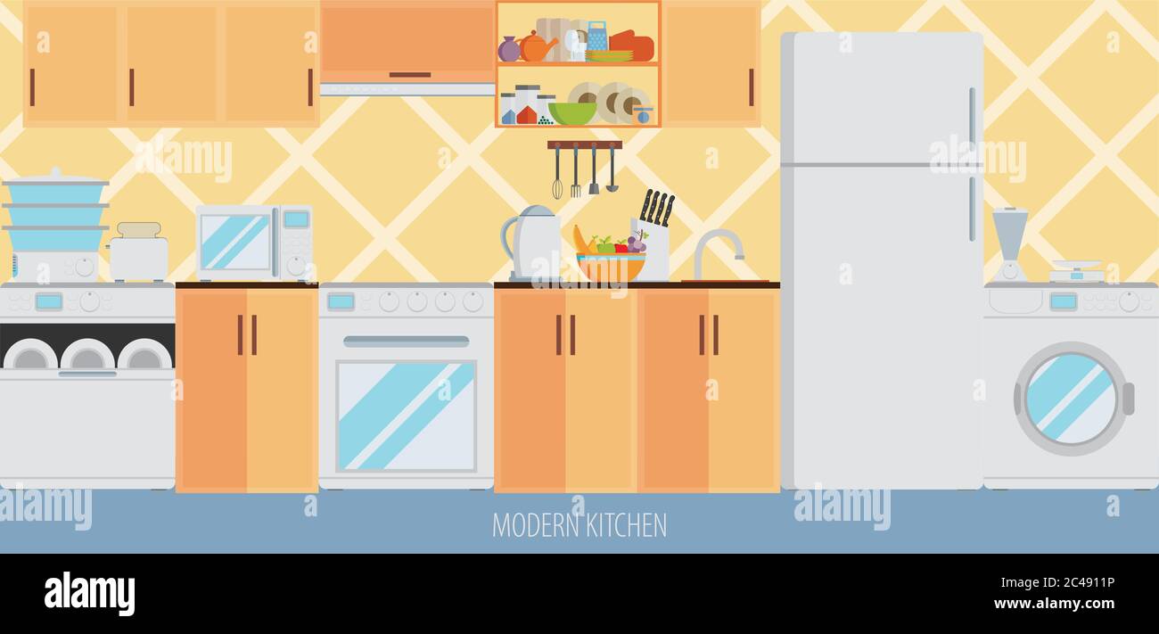 kitchen interior with furniture and cooking utensils. flat style vector illustration Stock Vector