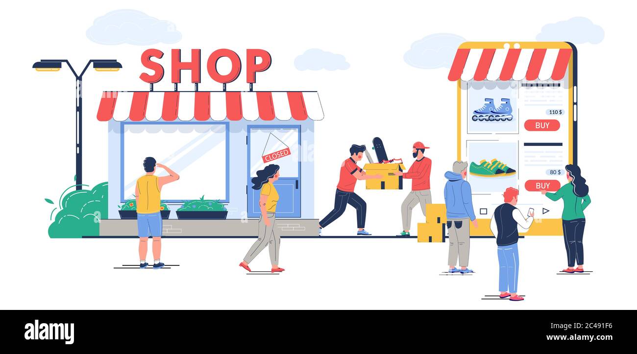 Offline to online commerce vector flat illustration Stock Vector Image