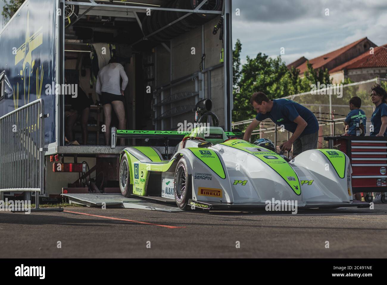 Skradin Croatia June 2020 Formula race car being lifted into a specialized truck for transportation from events Stock Photo
