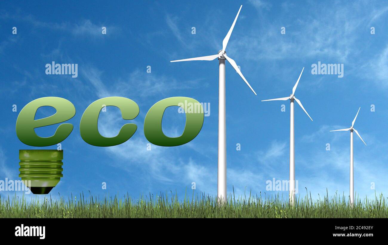Wind Energy Lettering Lettering - Eco - and wind turbines in front on a blue sky - ecology ...