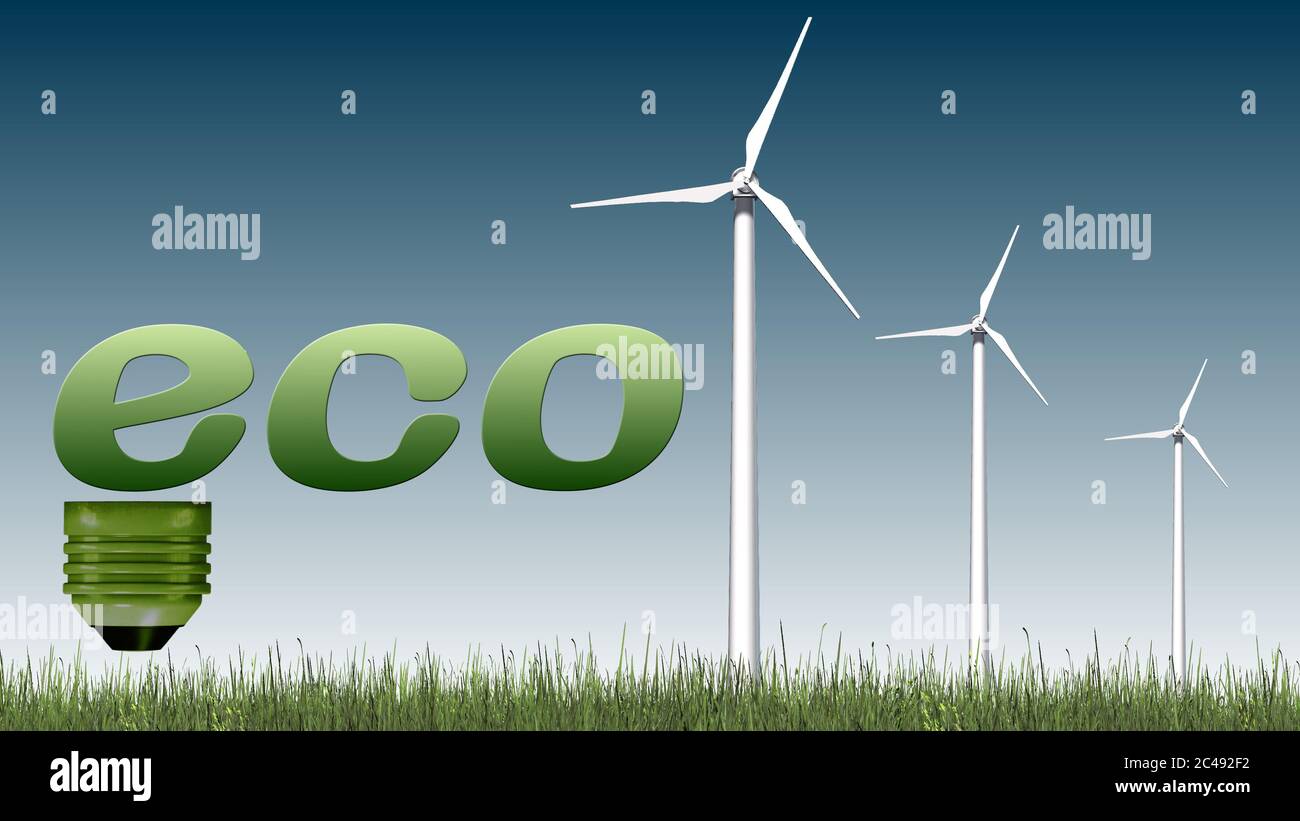 Wind Energy Lettering Lettering - Eco - and wind turbines in front on a blue sky - ecology ...