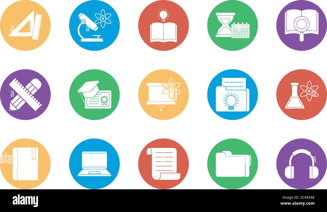 block style icon set design, Eduaction school university class lesson ...