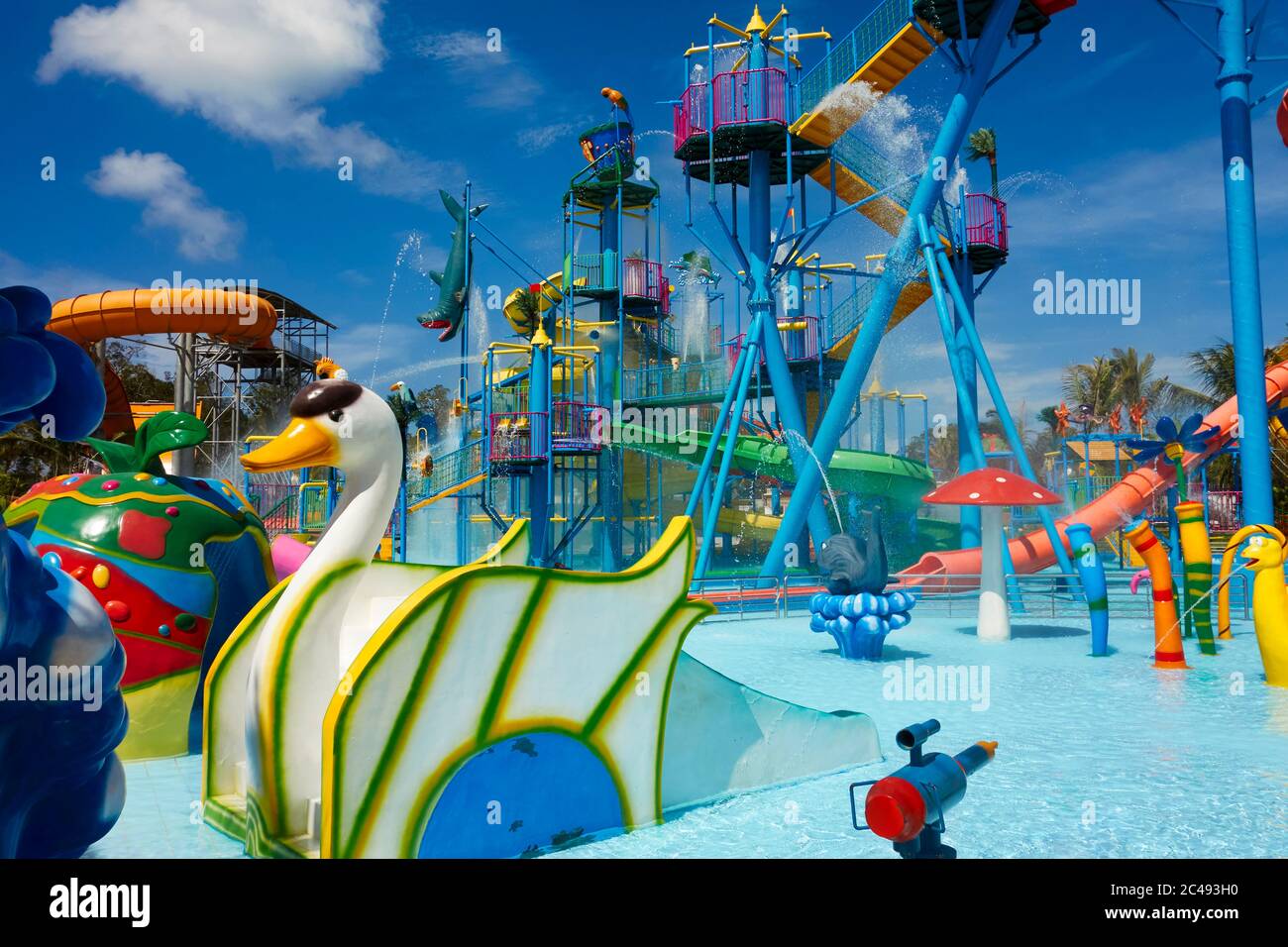 Colourful water slides in the Vinpearl Land Water Park. Vinpearl Resort,  Phu Quoc island, Kien Giang Province, Vietnam Stock Photo - Alamy