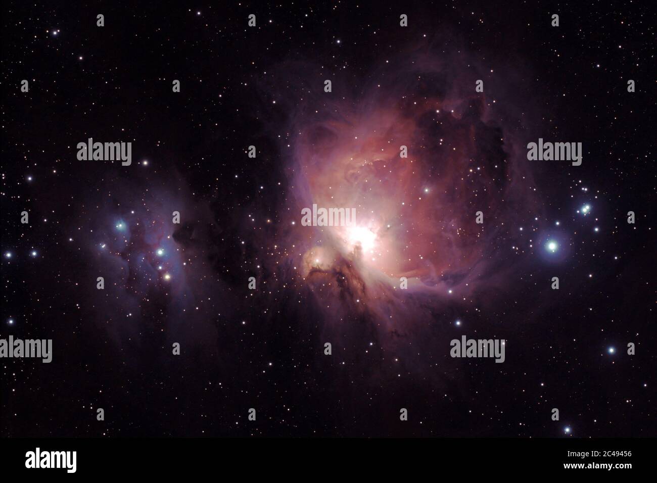 Image of Orion Nebula (Messier M42) and the Running Man Nebula (NGC1977, left), two diffuse nebulas south of the Orion's belt. Stock Photo
