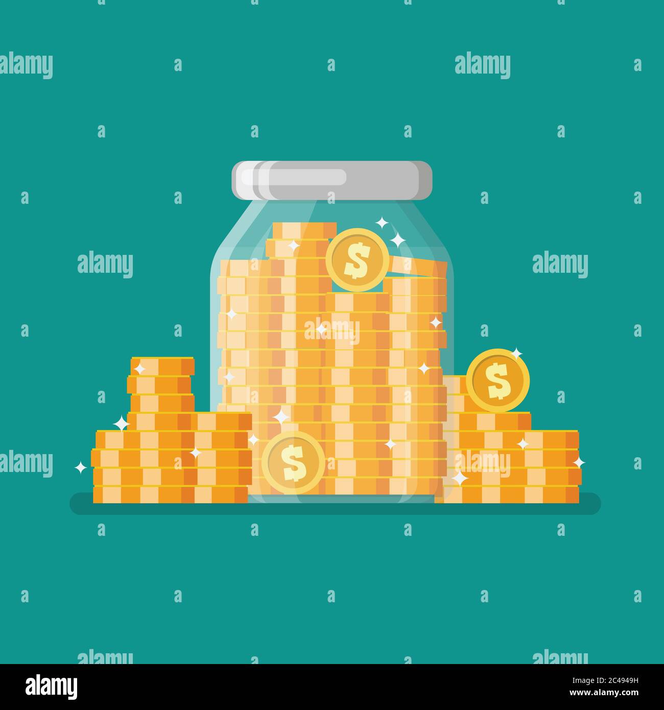 Glass jar full of gold coins. Flat style. Vector illustration Stock Vector