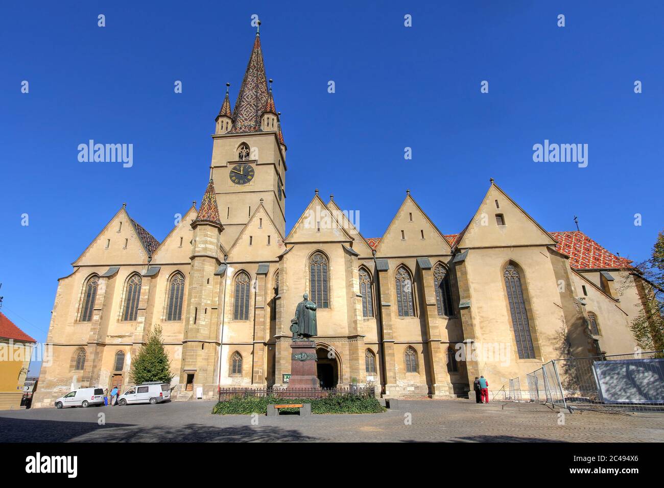 The Lutheran Cathedral of Saint Mary is the most impossing church in Sibiu, Romania, a masterpiece of Gothic Architecture. Daytime, wide angle composi Stock Photo