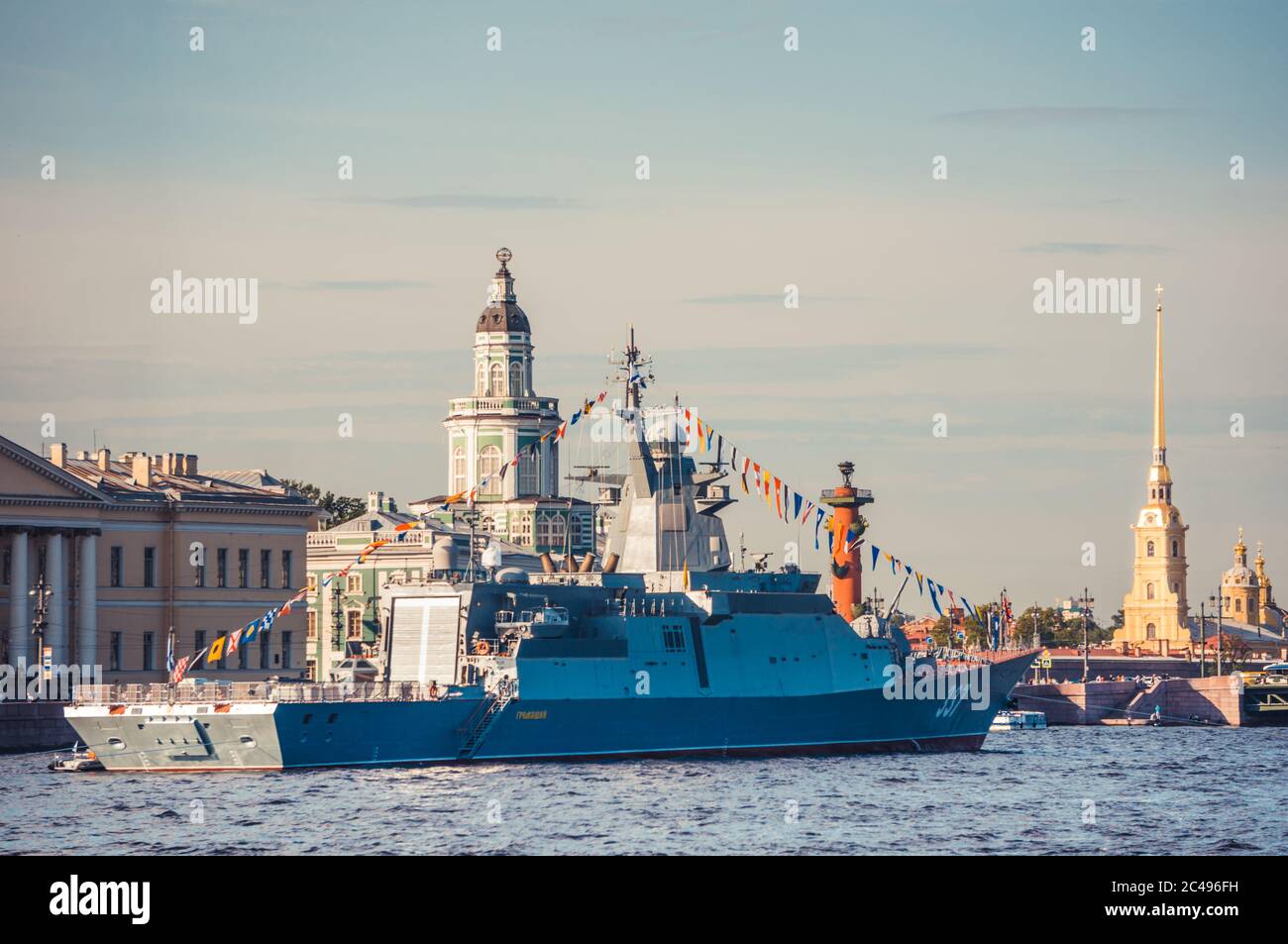 ST.PETERSBURG, RUSSIA - JULY 23, 2019 - Russian warship with decorations at celebration of the Navy Day on Neva river Stock Photo