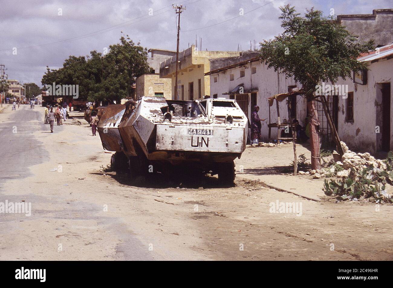 Destroyed UN armoured car on the streets of Kismayo Somalia Stock Photo