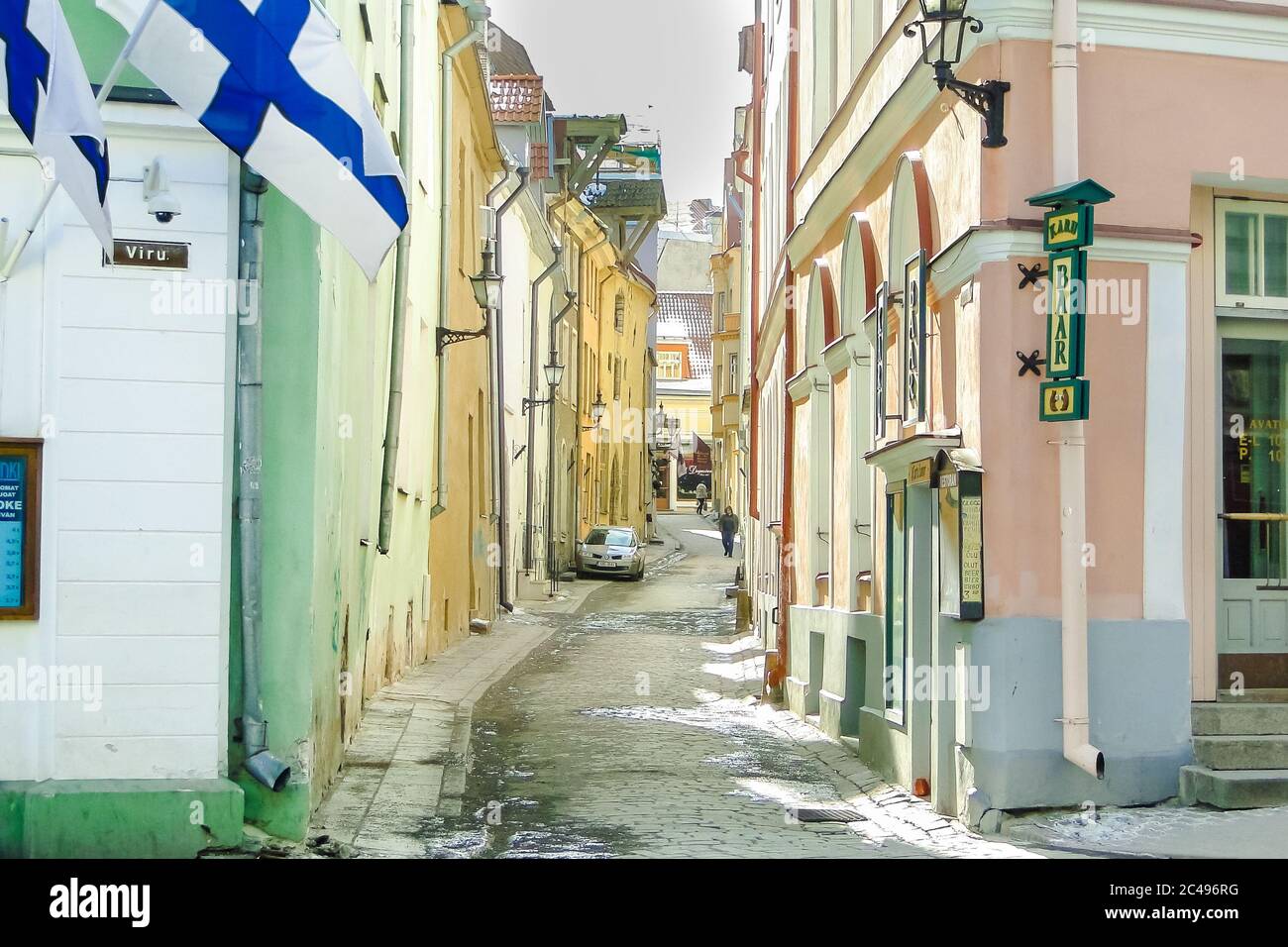 TALLINN, ESTONIA - MAR 03, 2013 - View of Sauna street and Viru street in spring. Historical center of the city. Perspective view. Stock Photo