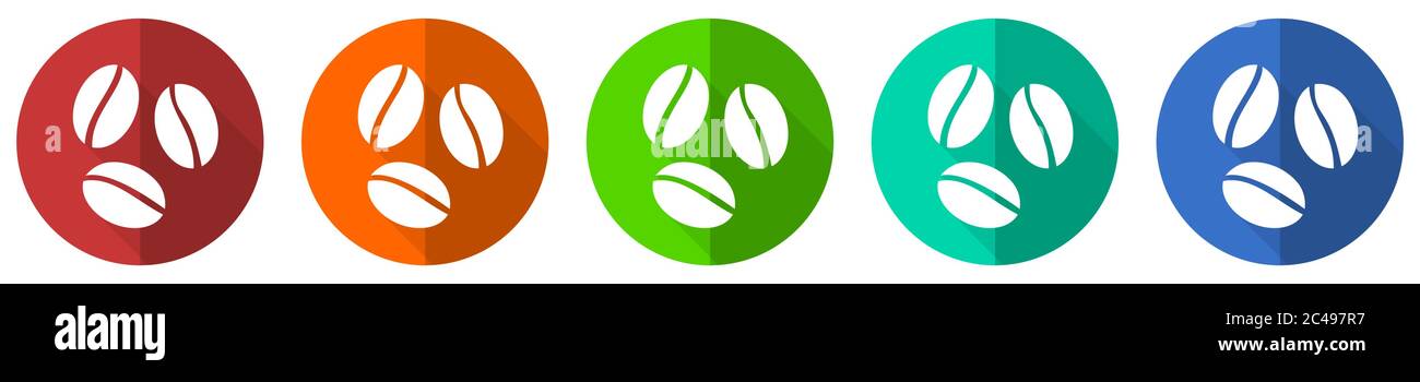 Coffee beans icon set, cafe, red, blue, green and orange flat design ...