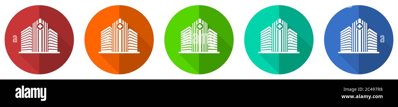 Hospital building icon set, red, blue, green and orange flat design web buttons isolated on white background, vector illustration Stock Vector