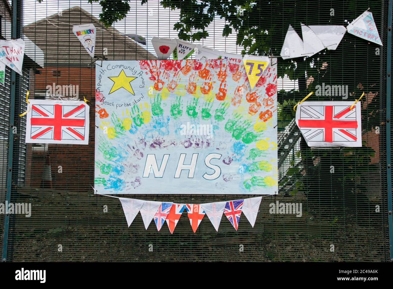 Sheffield UK –  May 13 2020: children’s artwork by the children of key workers celebrates the NHS during the coronavirus Covid-19 pandemic at Pipworth Stock Photo