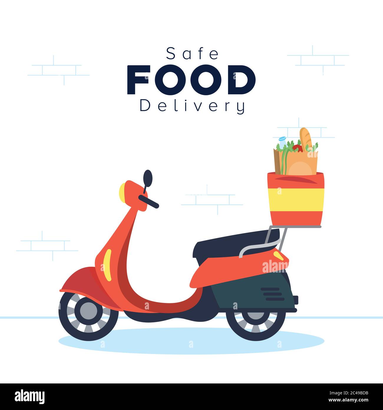 motorcycle with groceries bag Safe food delivery vector illustration