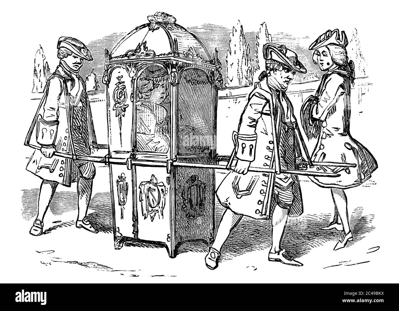 An engraved vintage illustration image of an old fashioned Georgian Sedan Chair with a lady passenger from a Victorian book dated 1883 that is no long Stock Photo
