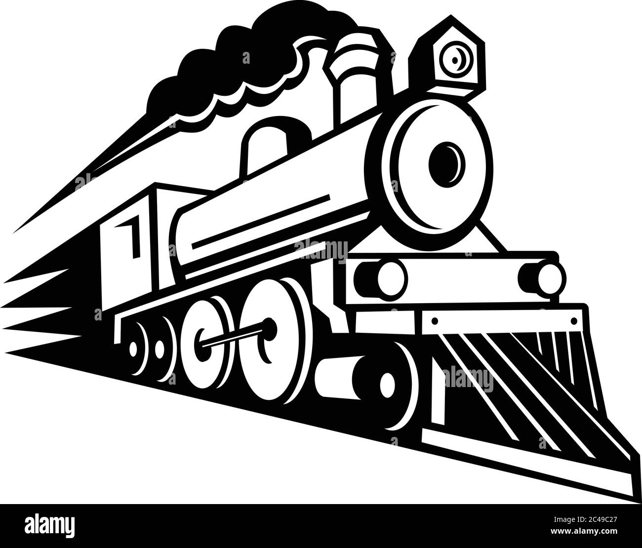 Black and white illustration of a vintage steam locomotive or train speeding in full speed coming up the viewer forward on isolated background in retr Stock Vector